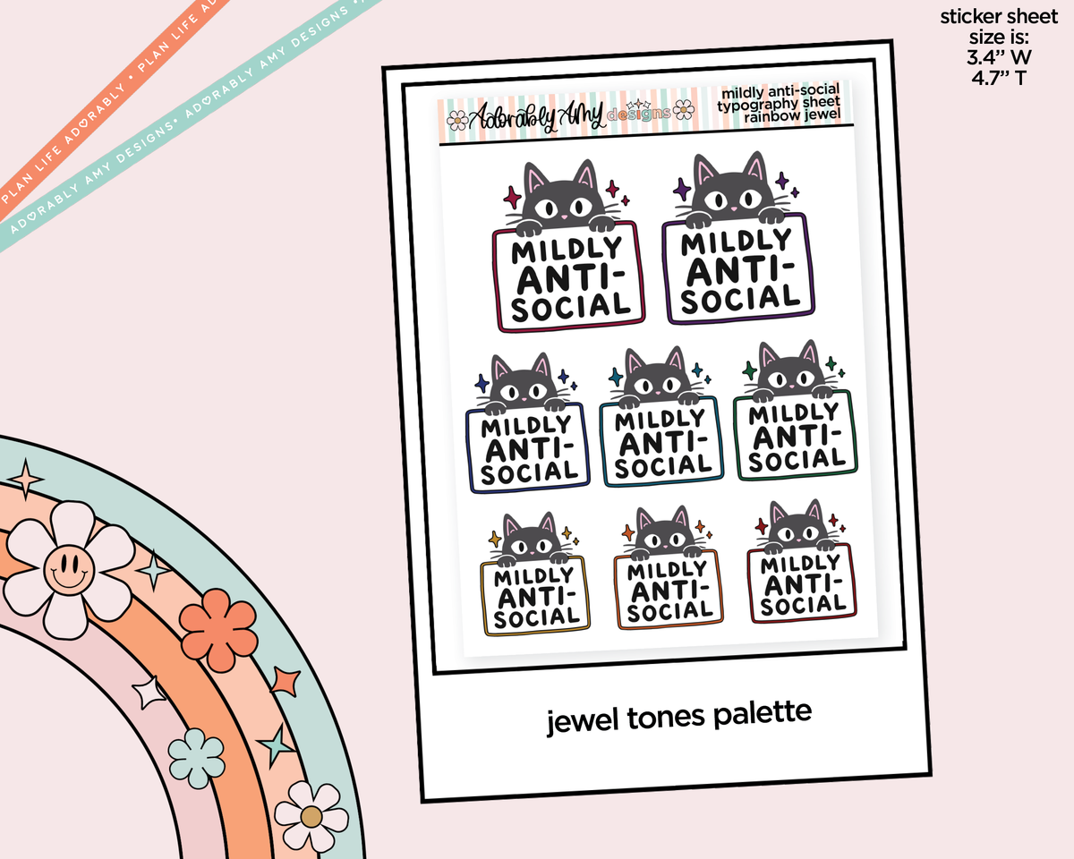 Rainbow or Black Mildly Anti-Social Cat Typography Planner Stickers - Adorably Amy Designs
