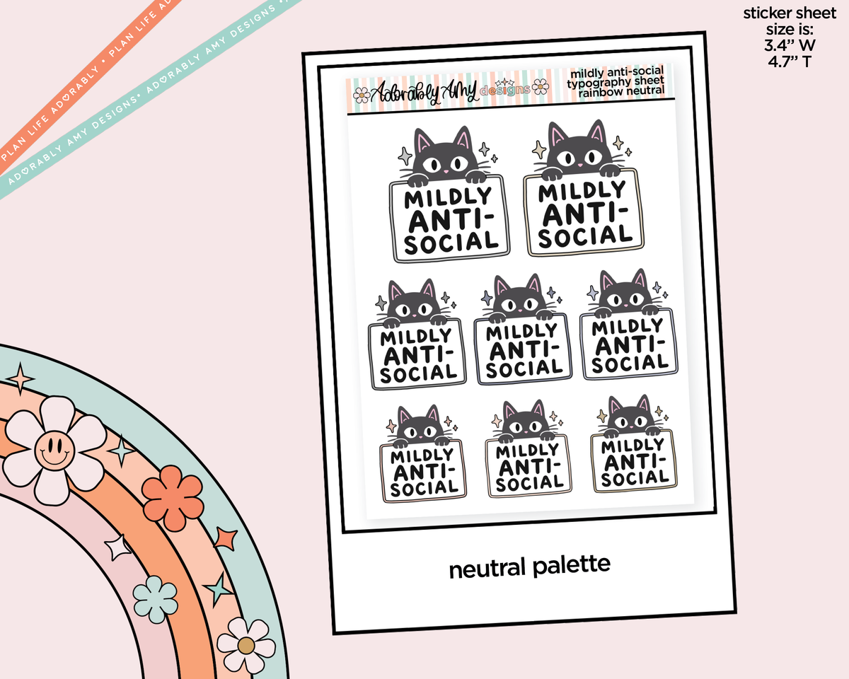 Rainbow or Black Mildly Anti-Social Cat Typography Planner Stickers - Adorably Amy Designs