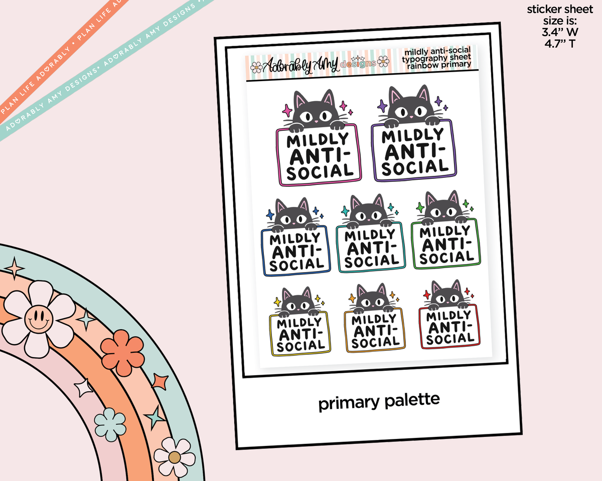 Rainbow or Black Mildly Anti-Social Cat Typography Planner Stickers - Adorably Amy Designs