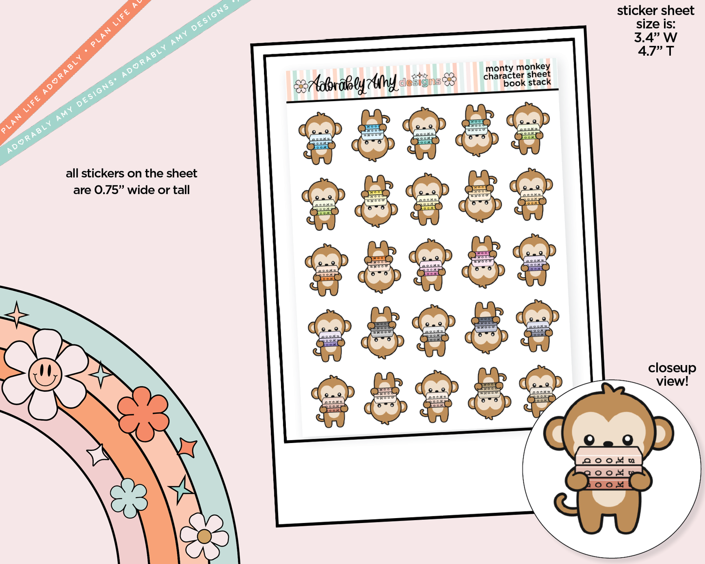 Monty the Monkey Book Stack Decoration Character Planner Stickers