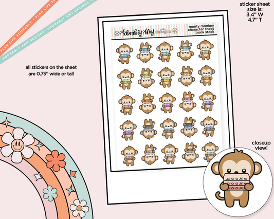Monty the Monkey Book Stack Decoration Character Planner Stickers - Adorably Amy Designs