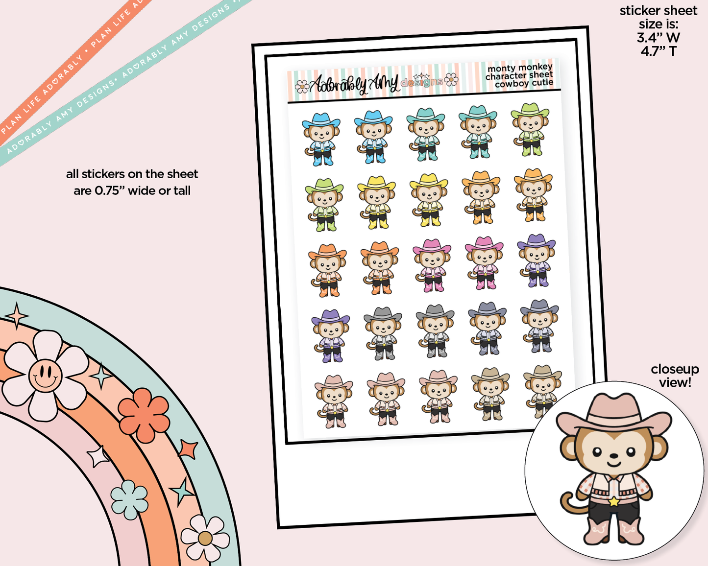 Monty the Monkey Cowboy Cutie Decoration Character Planner Stickers