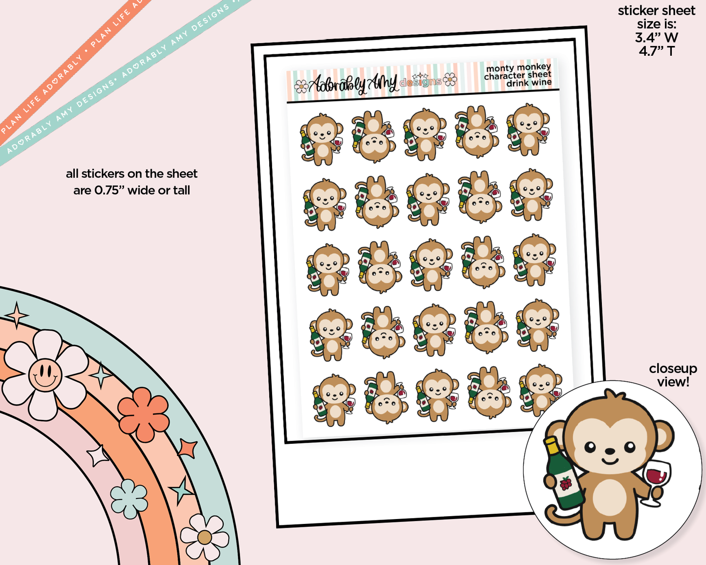 Monty the Monkey Drink Wine Decoration Character Planner Stickers