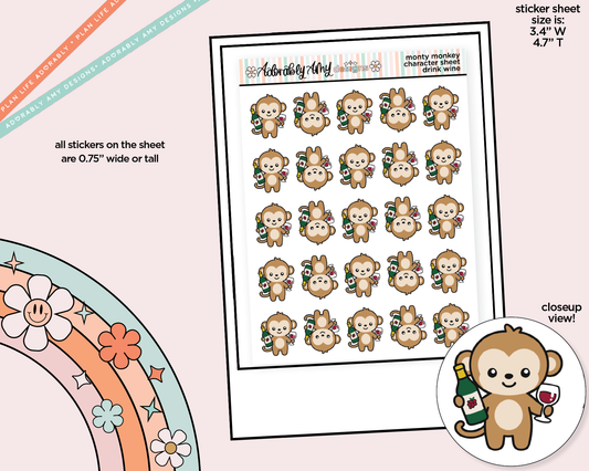 Monty the Monkey Drink Wine Decoration Character Planner Stickers - Adorably Amy Designs