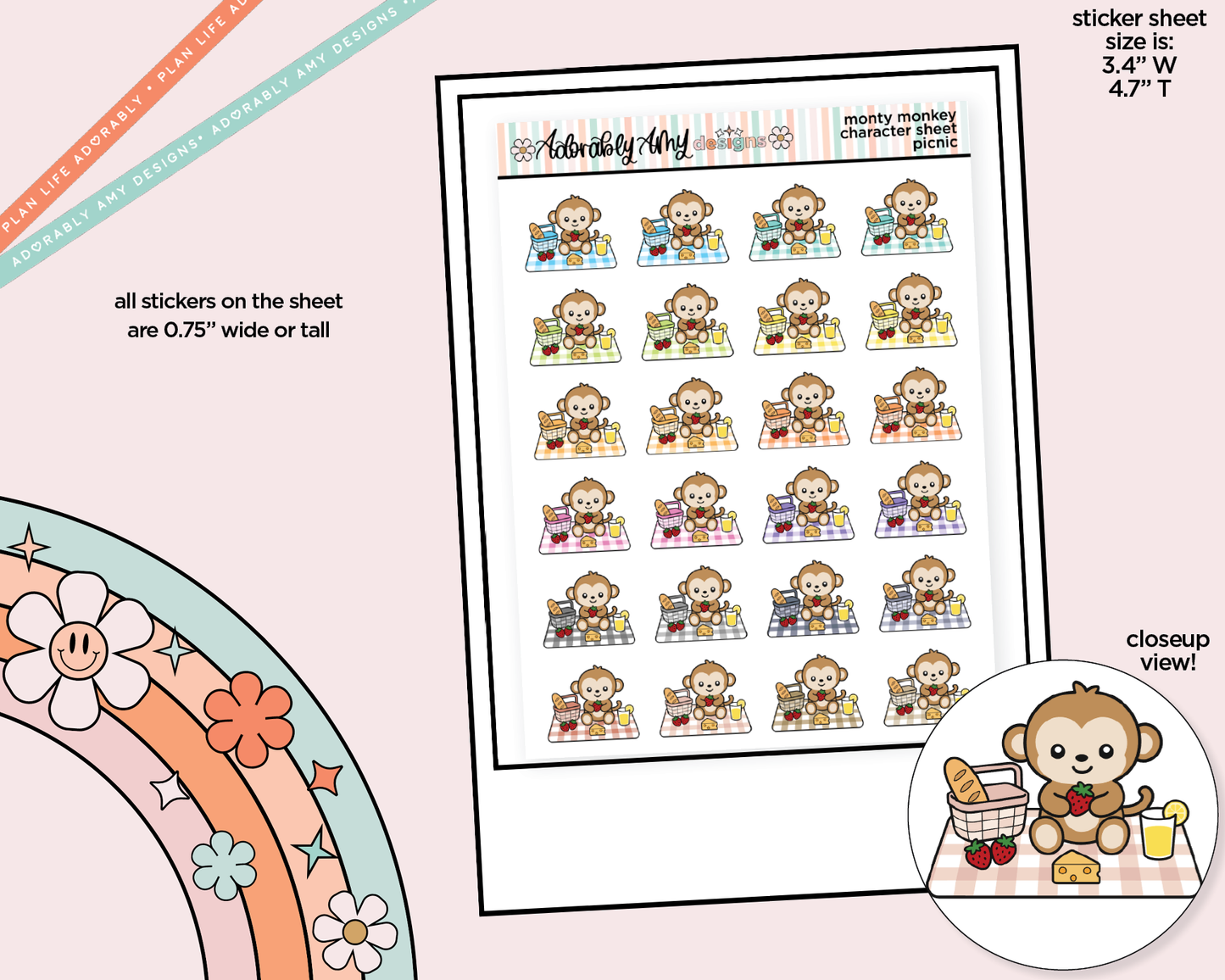 Monty the Monkey Go on a Picnic Decoration Character Planner Stickers