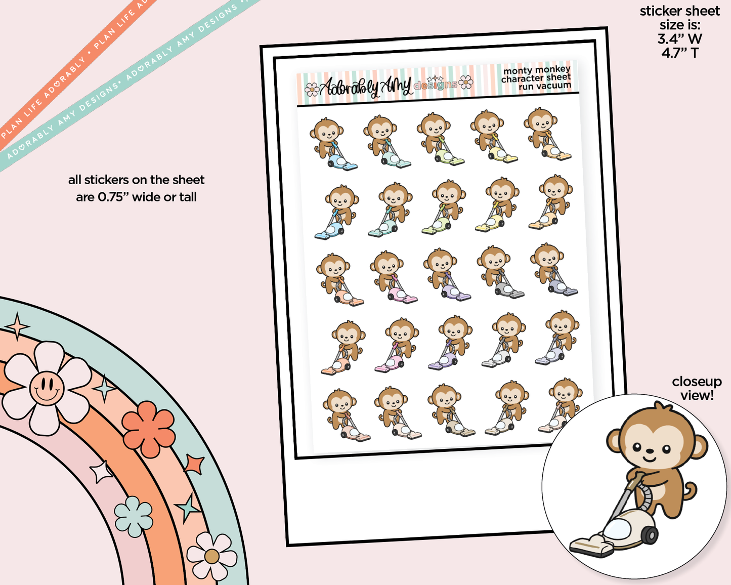 Monty the Monkey Run Vacuum Decoration Character Planner Stickers