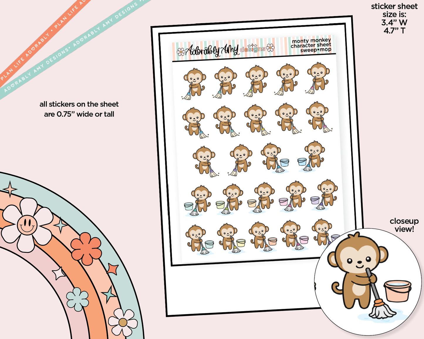 Monty the Monkey Sweep & Mop Decoration Character Planner Stickers