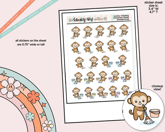 Monty the Monkey Sweep & Mop Decoration Character Planner Stickers - Adorably Amy Designs