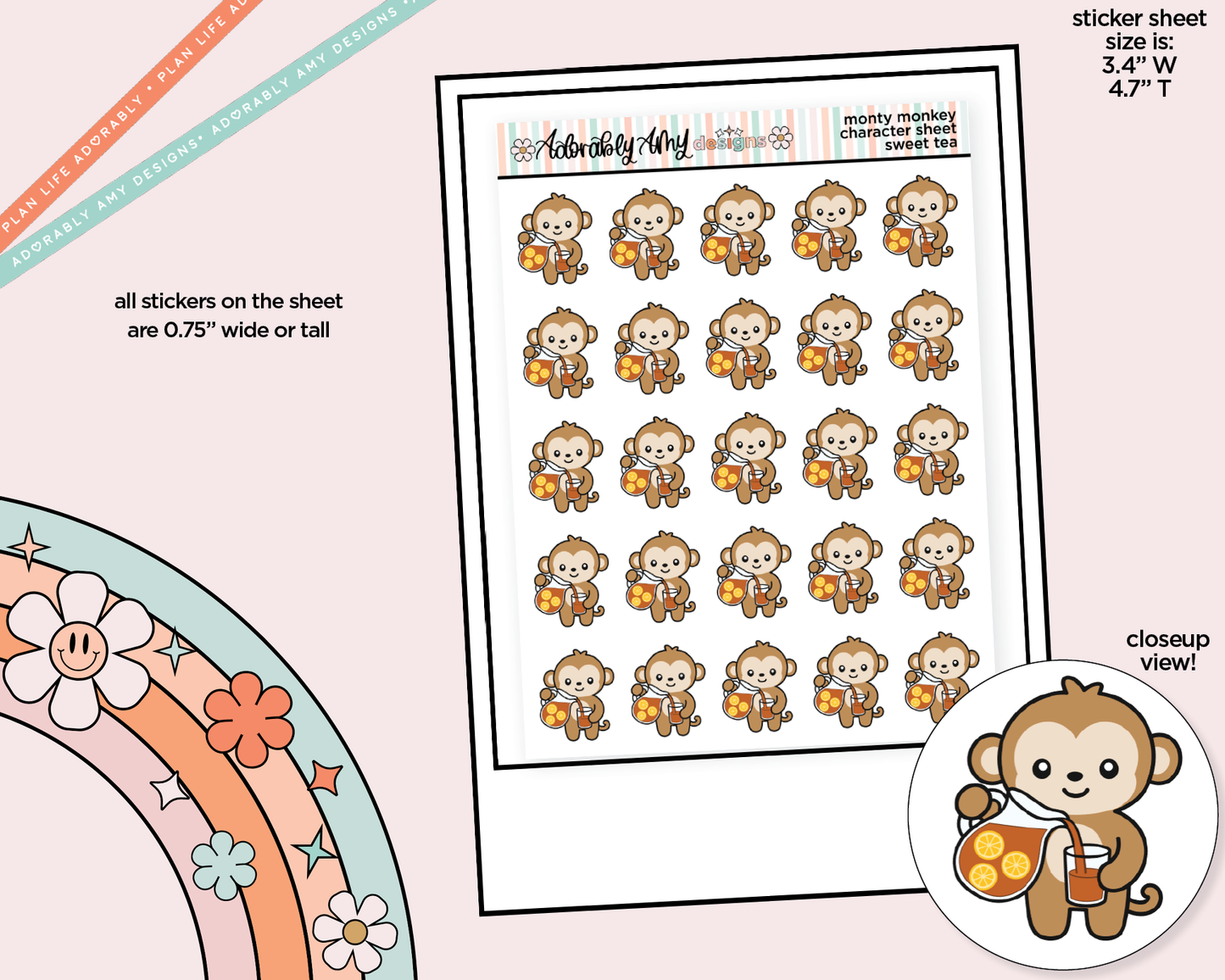 Monty the Monkey Sweet Tea Decoration Character Planner Stickers