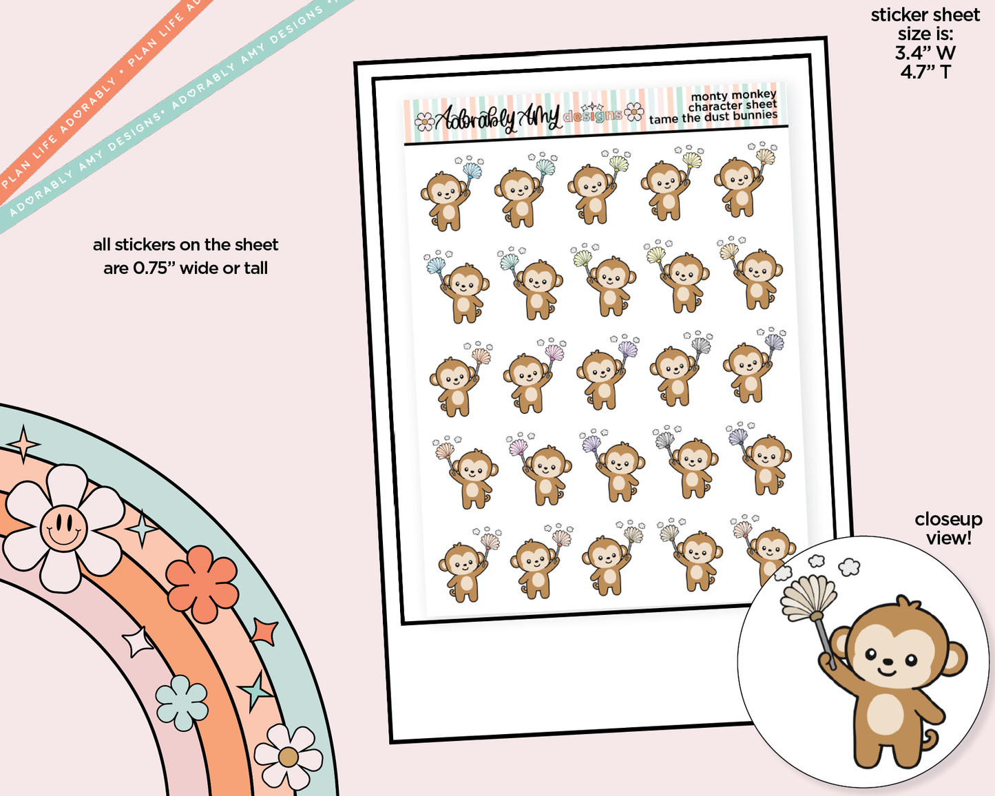 Monty the Monkey Tame the Dust Bunnies Decoration Character Planner Stickers