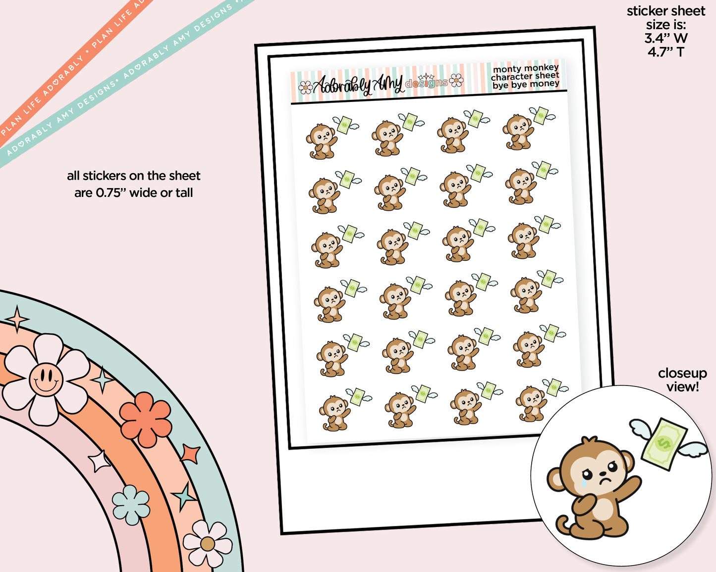 Monty the Monkey Bye Bye Money Decoration Character Planner Stickers