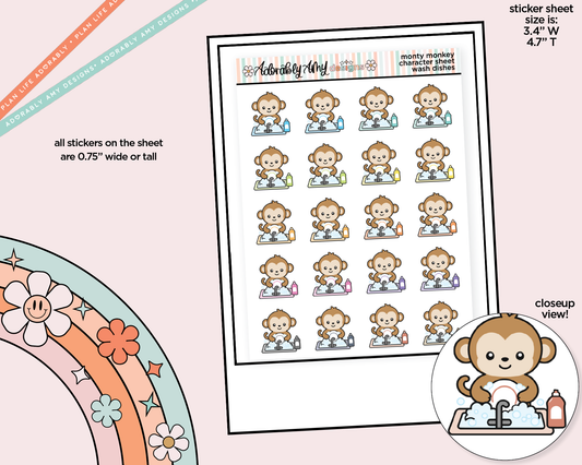Monty the Monkey Wash Dishes Decoration Character Planner Stickers - Adorably Amy Designs