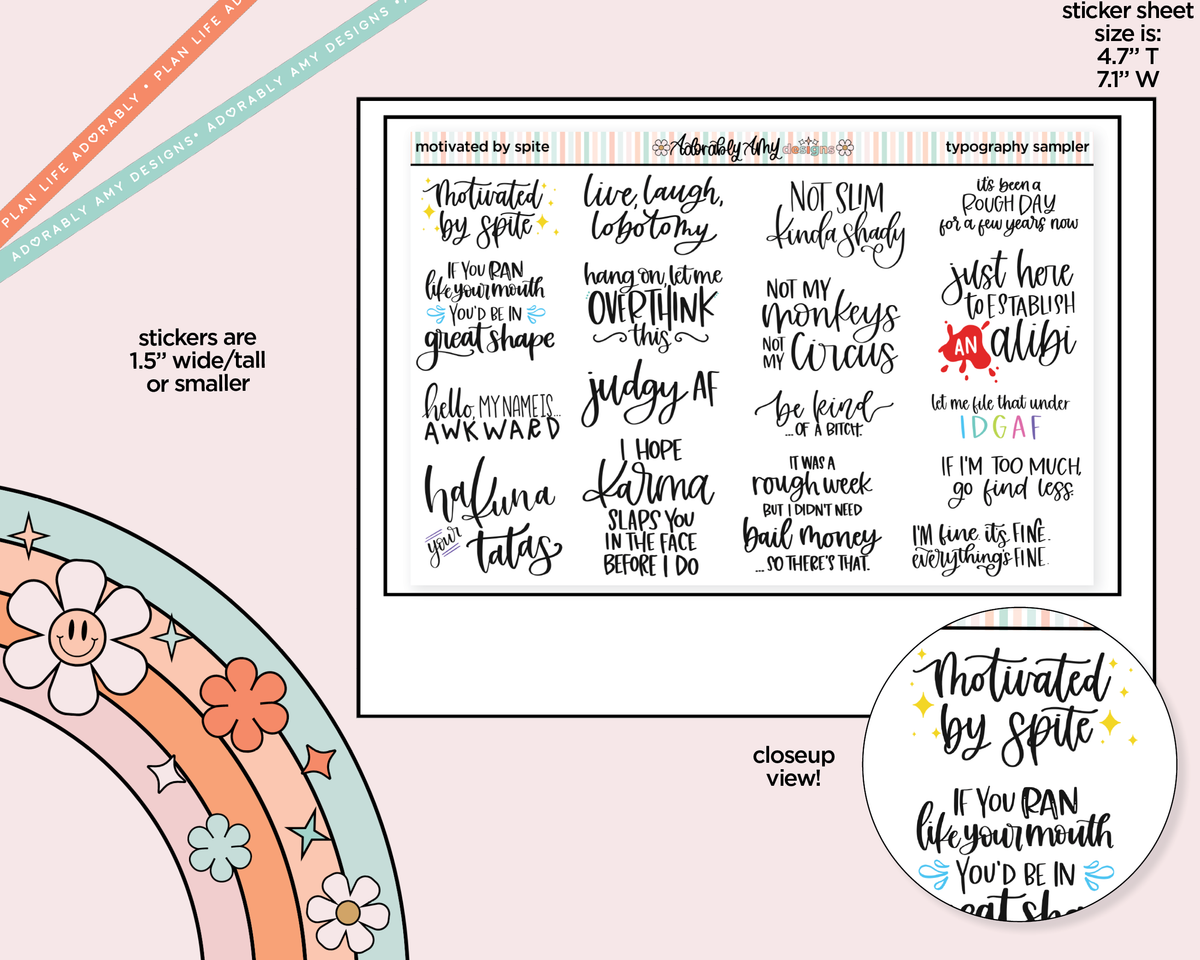 Hand Lettered Motivated by Spite Typography Sampler Planner Stickers - Adorably Amy Designs