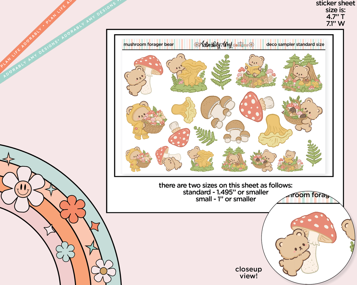 Mushroom Forager Bear Deco Stickers in Multiple Sizes Decorative Planner Stickers