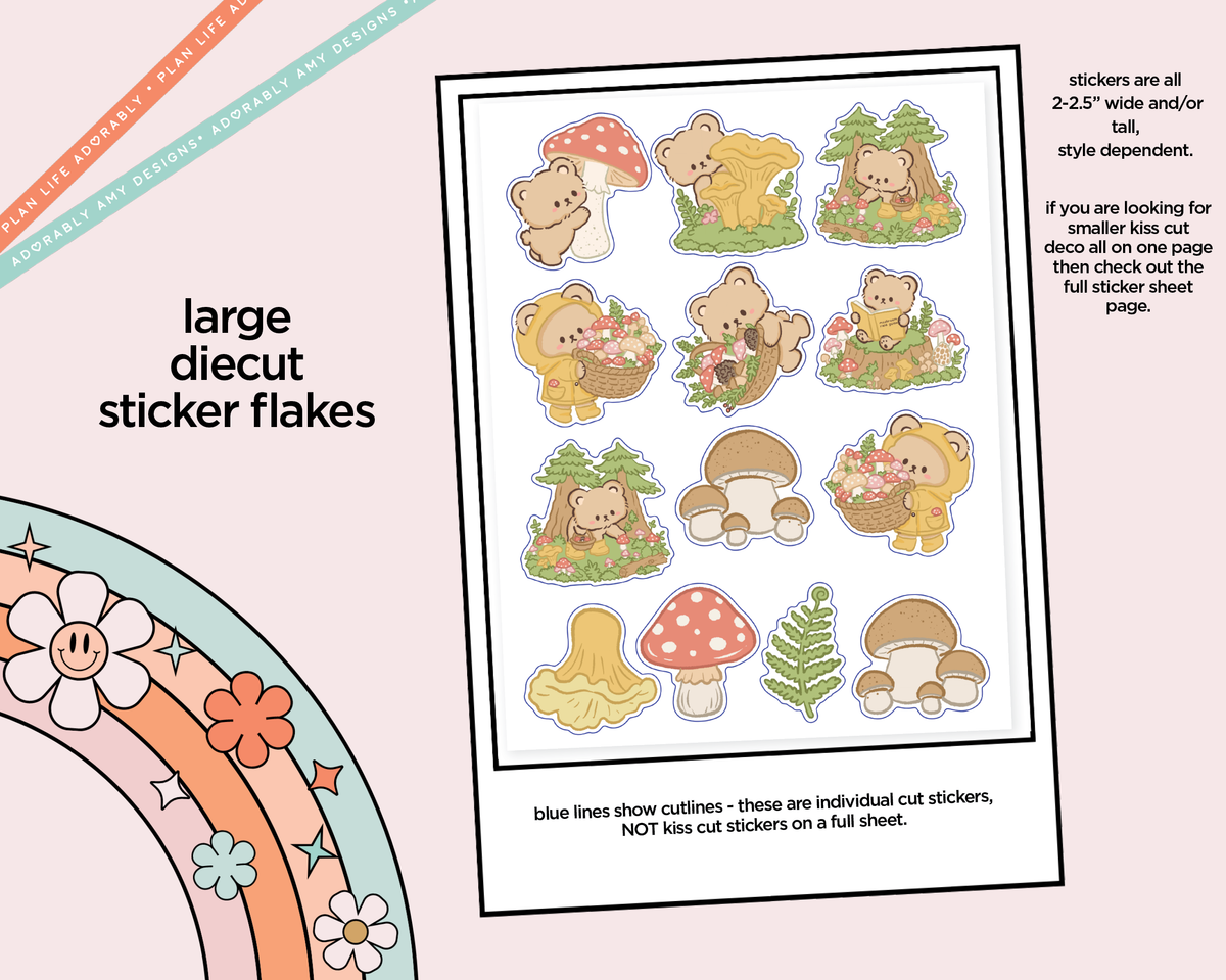 Mushroom Forager Bear Deco Stickers in Multiple Sizes Decorative Planner Stickers