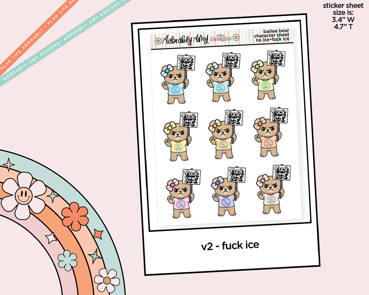 Bailee Bear Protestor  - No Ice Decoration Character Planner Stickers - Adorably Amy Designs