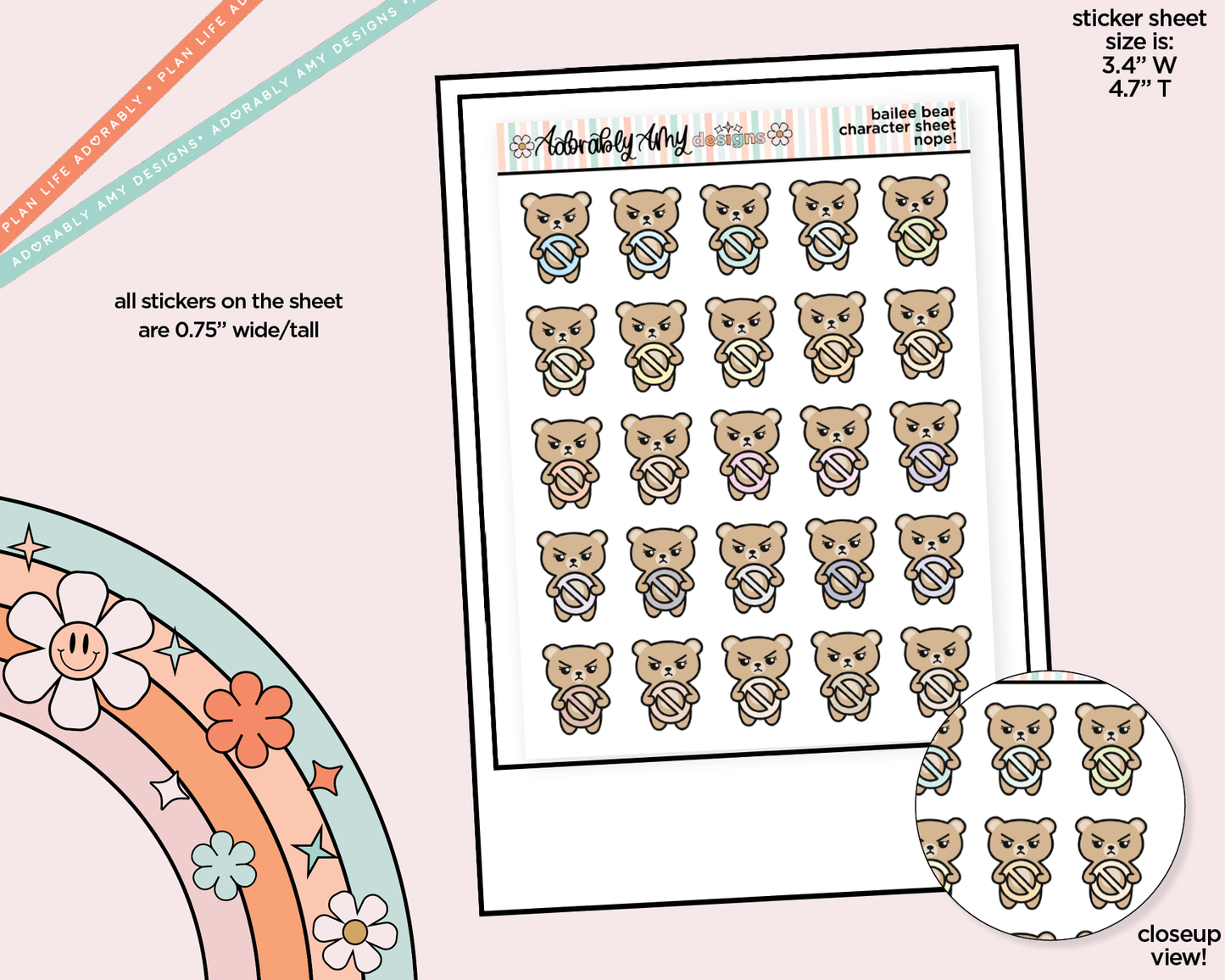 Bailee Bear Nope! Decoration Character Planner Stickers - Adorably Amy Designs