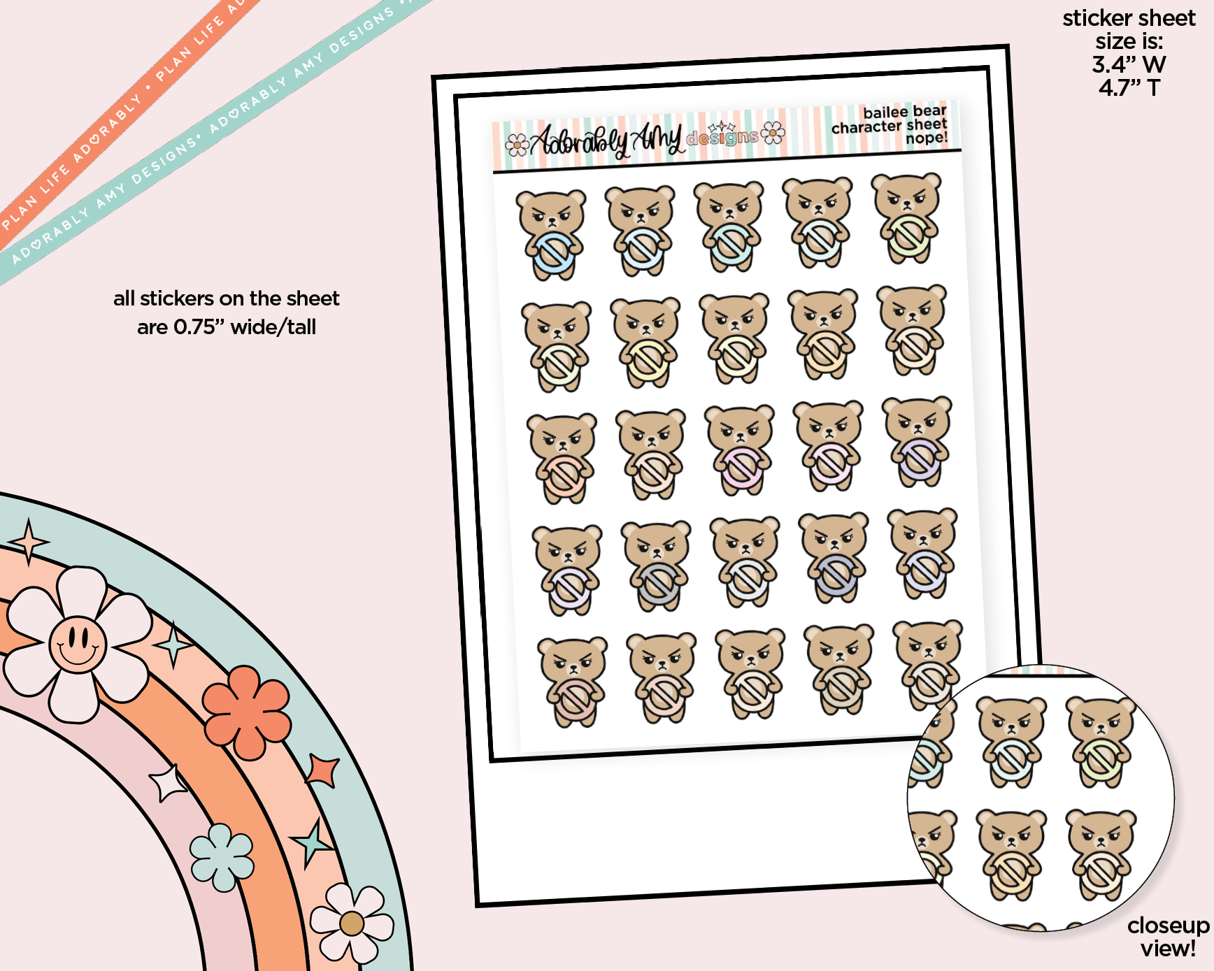 Bailee Bear Nope! Decoration Character Planner Stickers - Adorably Amy Designs