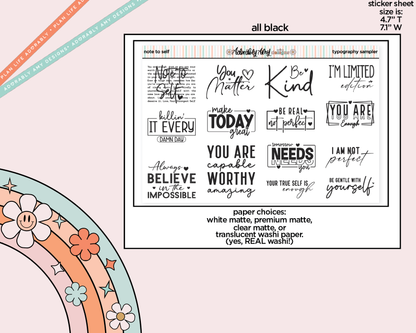 Note to Self Inspirational Deco Typography Sampler Planner Stickers