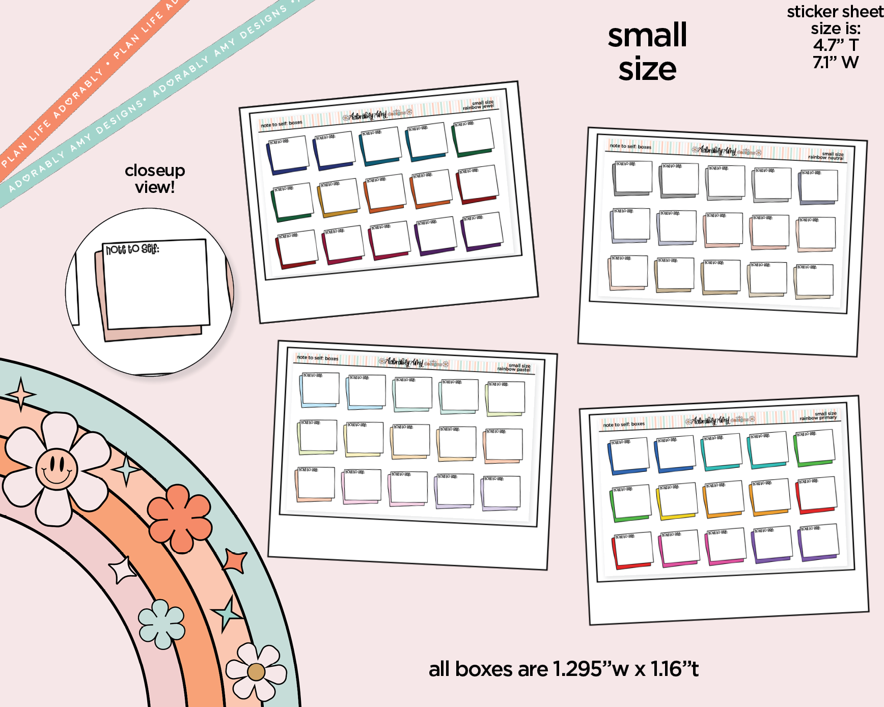 Rainbow Doodled Note to Self: Boxes Small Size Planner Stickers - Adorably Amy Designs