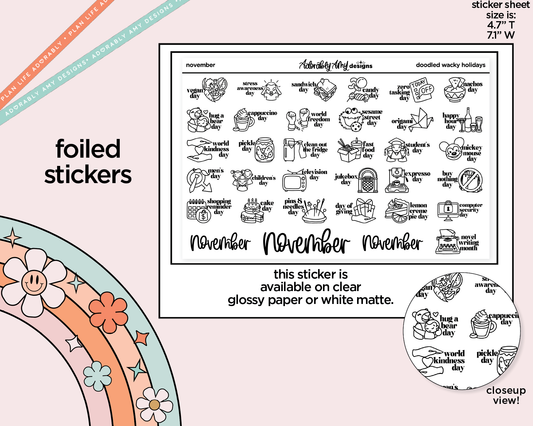 Foiled November Doodled Wacky Holidays Reminder Planner Stickers