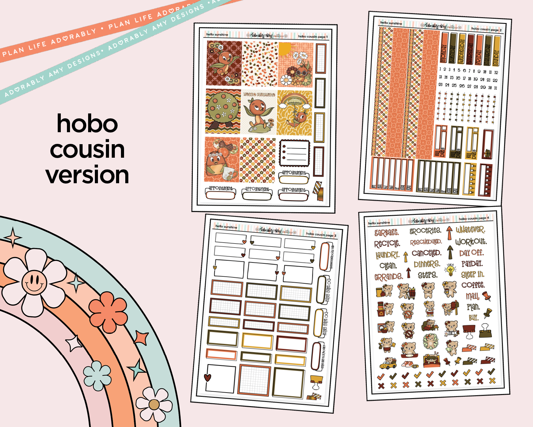 Hobonichi Cousin Weekly Hello Sunshine Orange Bird Planner Sticker Kit for Hobo Cousin or Similar Planners - Adorably Amy Designs