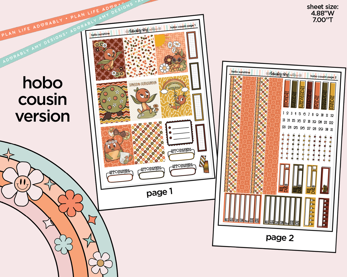 Hobonichi Cousin Weekly Hello Sunshine Orange Bird Planner Sticker Kit for Hobo Cousin or Similar Planners - Adorably Amy Designs