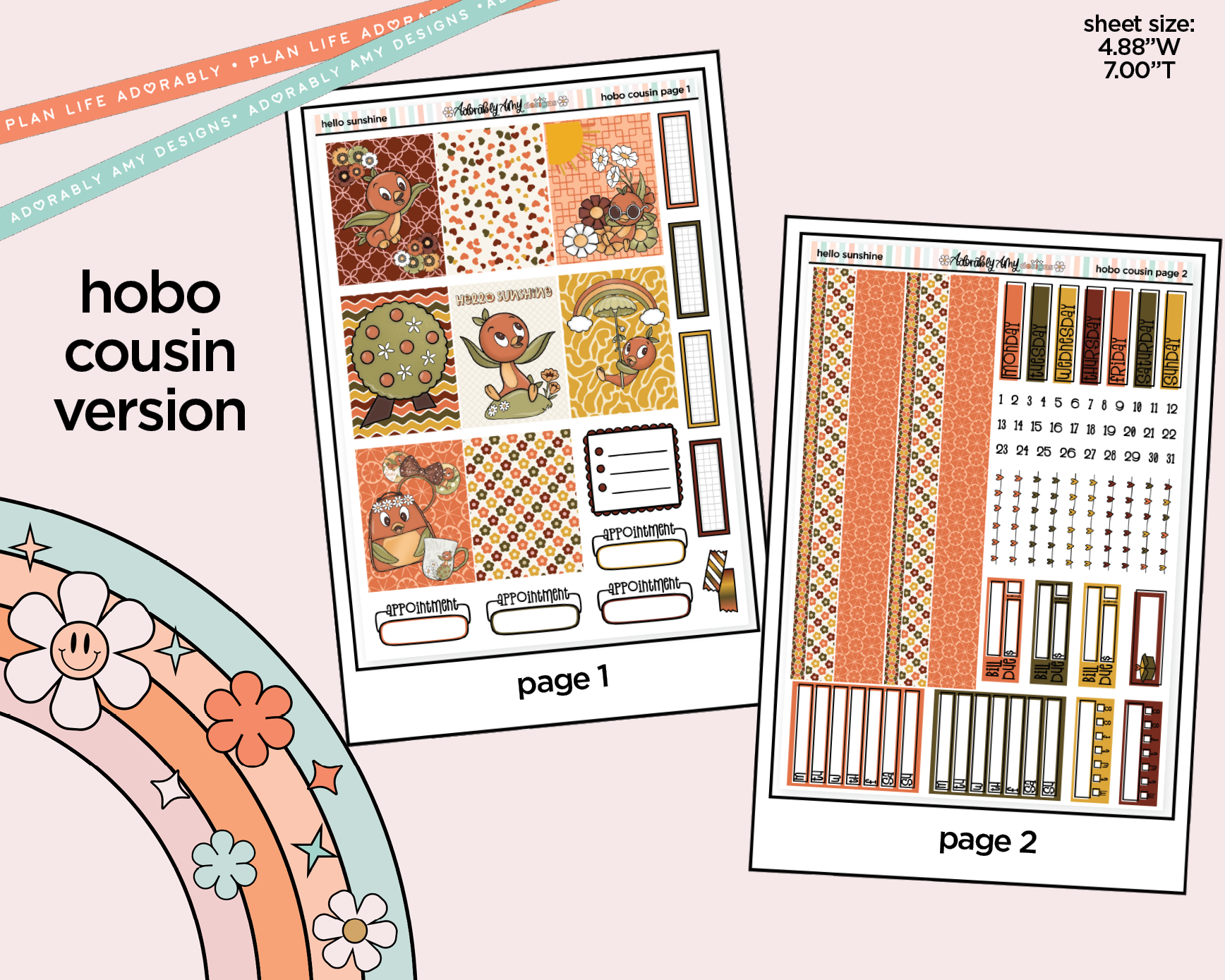 Hobonichi Cousin Weekly Hello Sunshine Orange Bird Planner Sticker Kit for Hobo Cousin or Similar Planners - Adorably Amy Designs