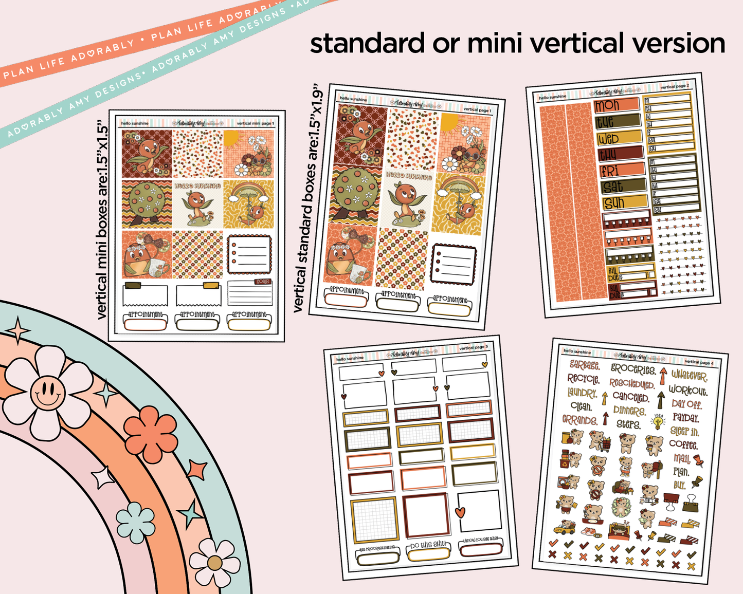 Vertical Hello Sunshine Orange Bird Sticker Kit for Vertical Standard Size Planners or Insert - Adorably Amy Designs