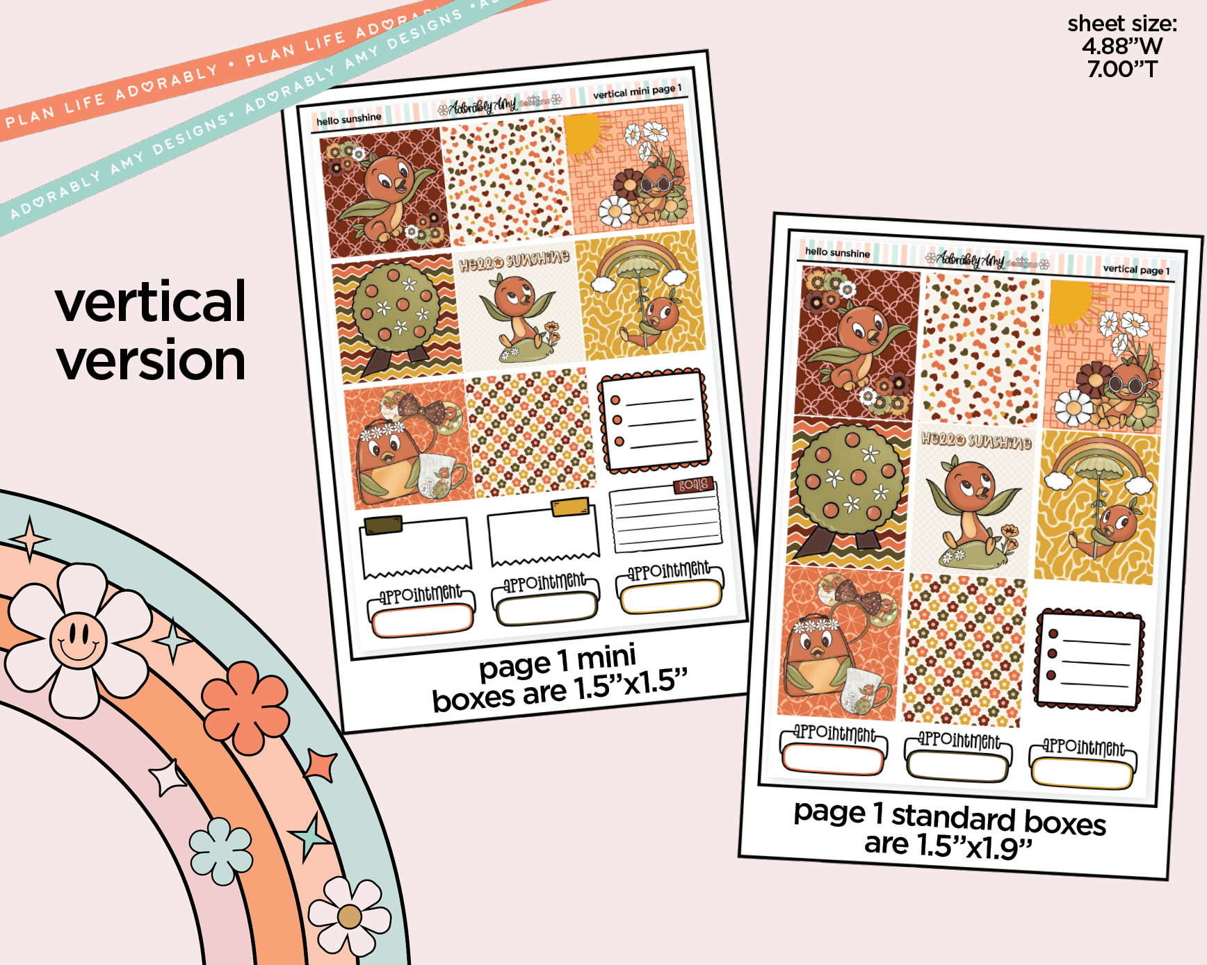 Vertical Hello Sunshine Orange Bird Sticker Kit for Vertical Standard Size Planners or Insert - Adorably Amy Designs