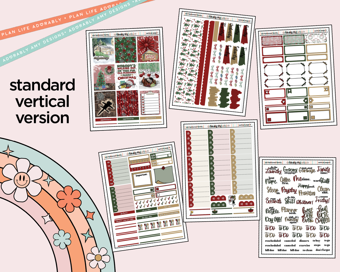 Vertical Old Fashioned Family Christmas Weekly Sticker Kit for Vertical Standard Size Planners or Insert