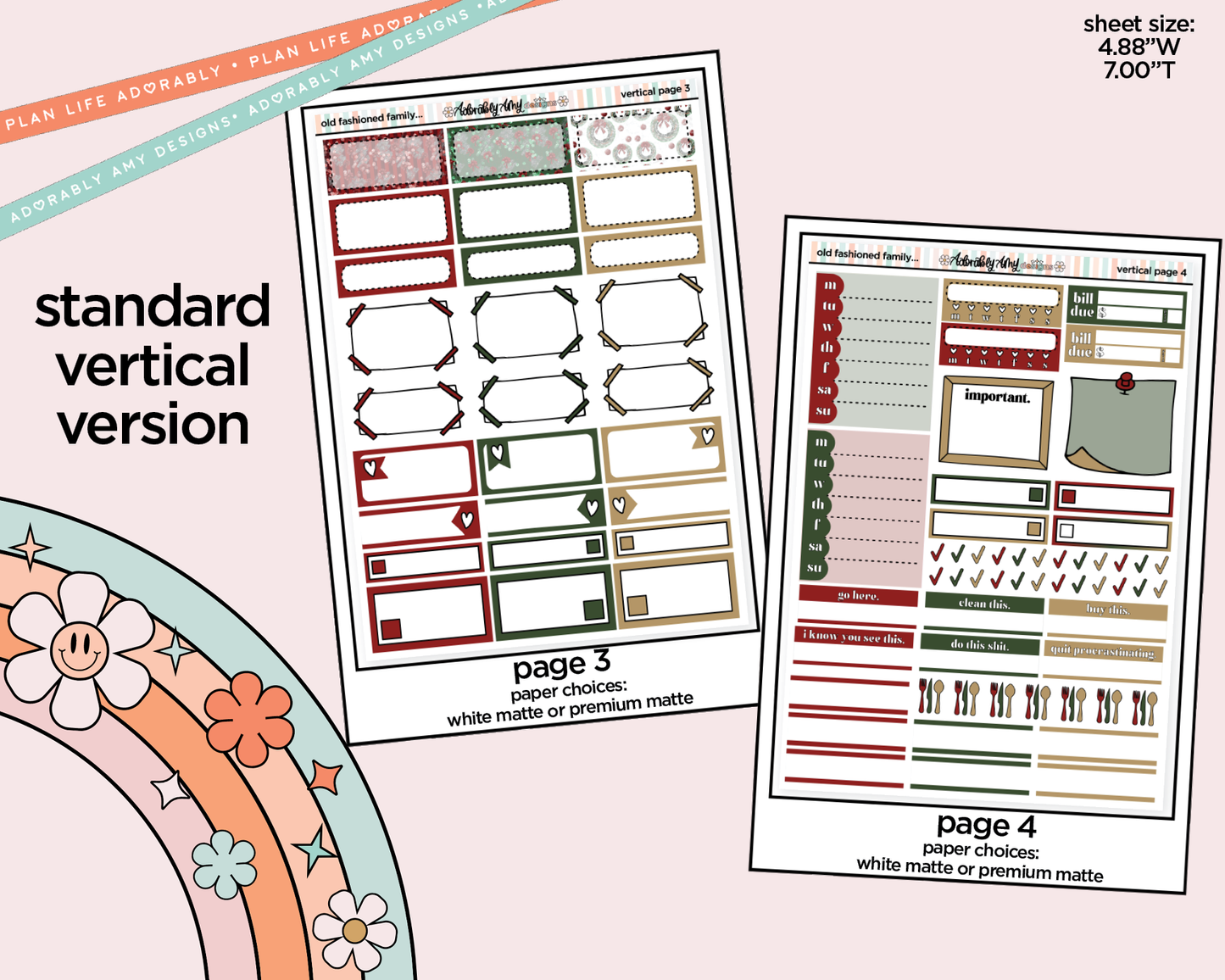 Vertical Old Fashioned Family Christmas Weekly Sticker Kit for Vertical Standard Size Planners or Insert