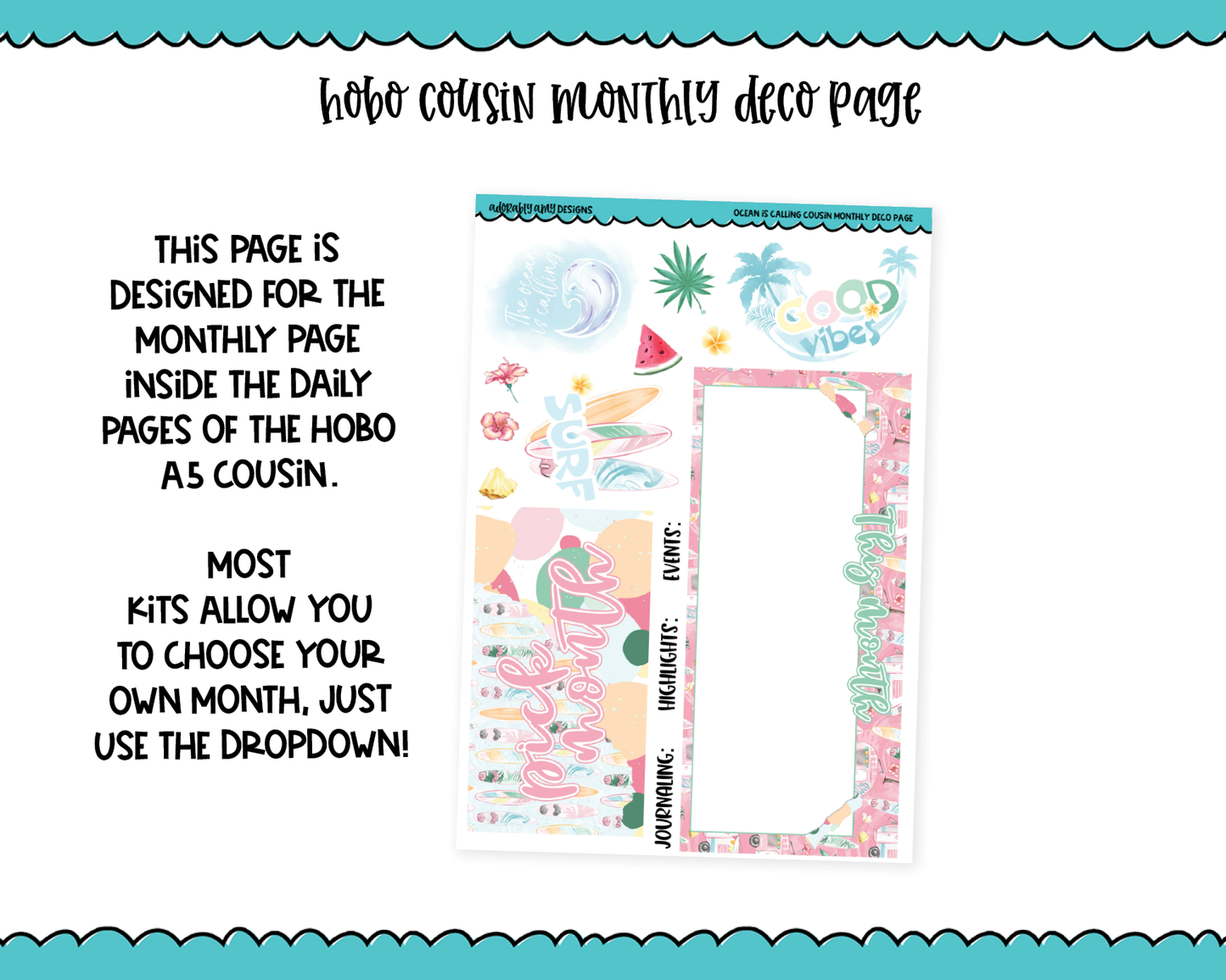 Hobonichi Cousin Monthly Pick Your Month Ocean is Calling Themed Planner Sticker Kit for Hobo Cousin or Similar Planners