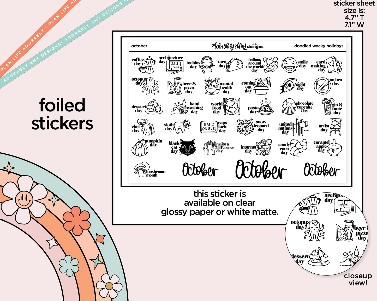 Foiled October Doodled Wacky Holidays Reminder Planner Stickers