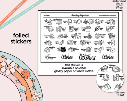 Foiled October Doodled Wacky Holidays Reminder Planner Stickers