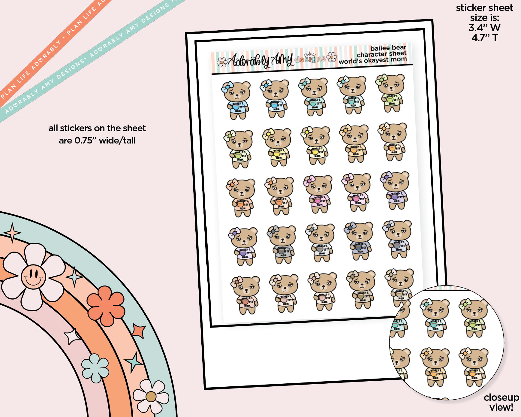 Bailee Bear World's Okayest (and Tiredest) Mom Decoration Character Planner Stickers - Adorably Amy Designs