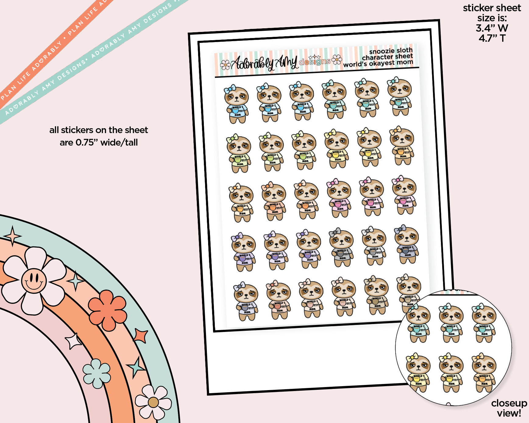 Snoozie Sloth World's Okayest (and Tiredest) Mom  Decoration Character Planner Stickers - Adorably Amy Designs