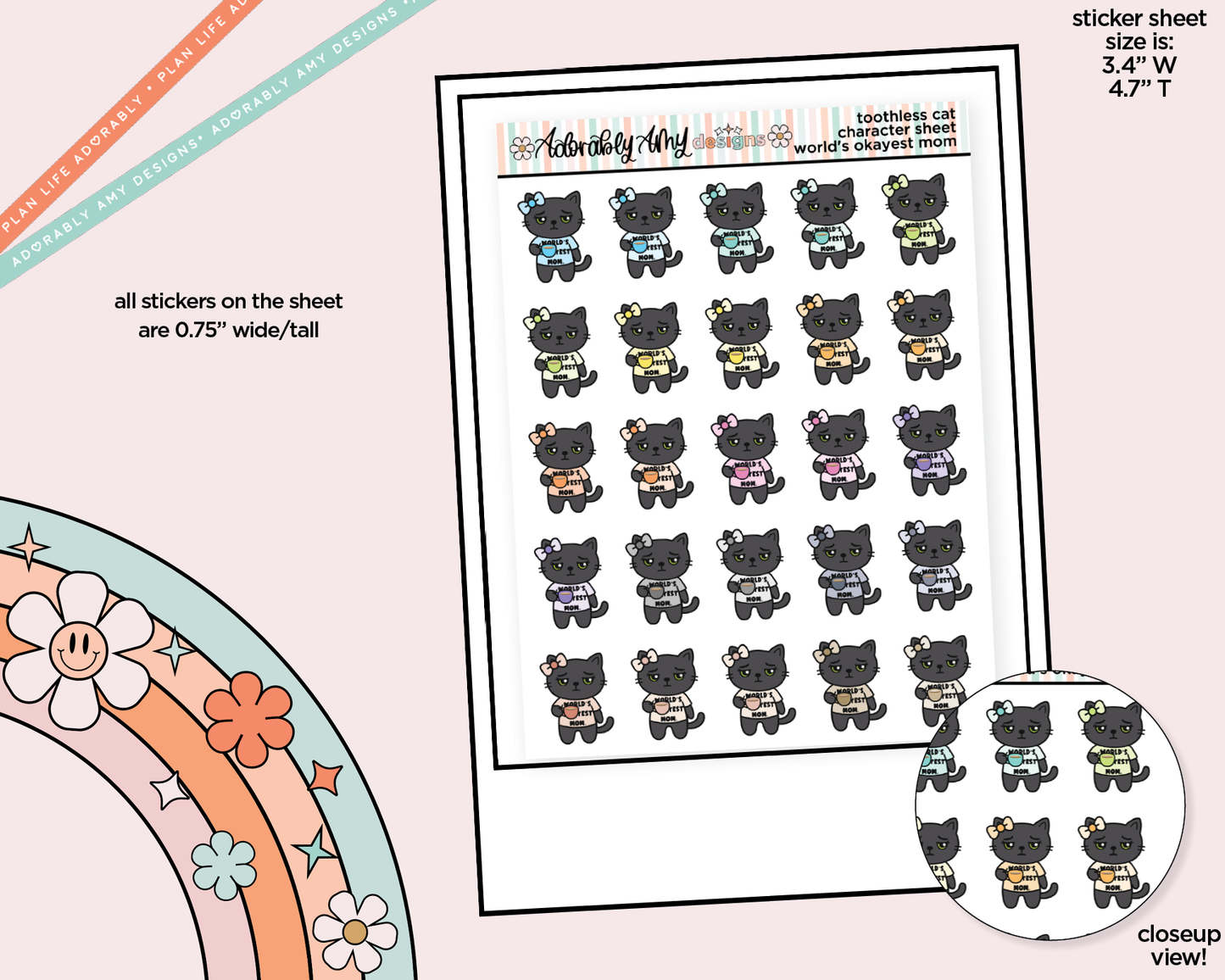 Toothless Cat World's Okayest (and Tiredest) Mom Decoration Character Planner Stickers - Adorably Amy Designs