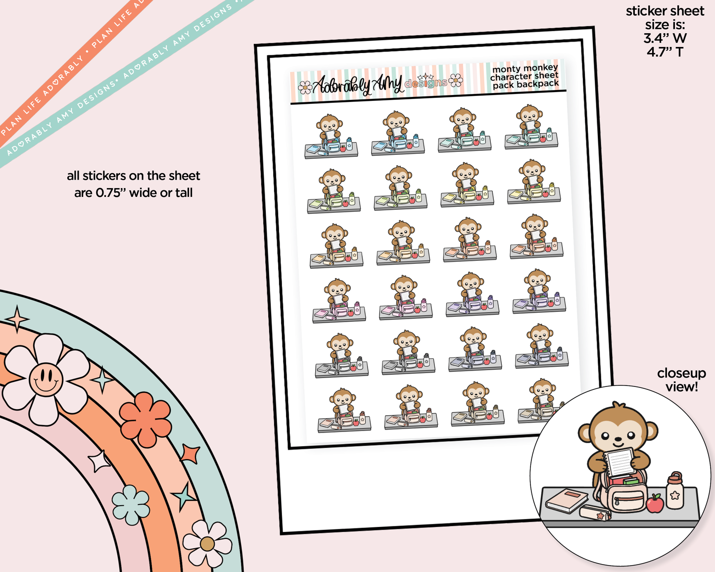 Monty the Monkey Pack Backpack Decoration Character Planner Stickers