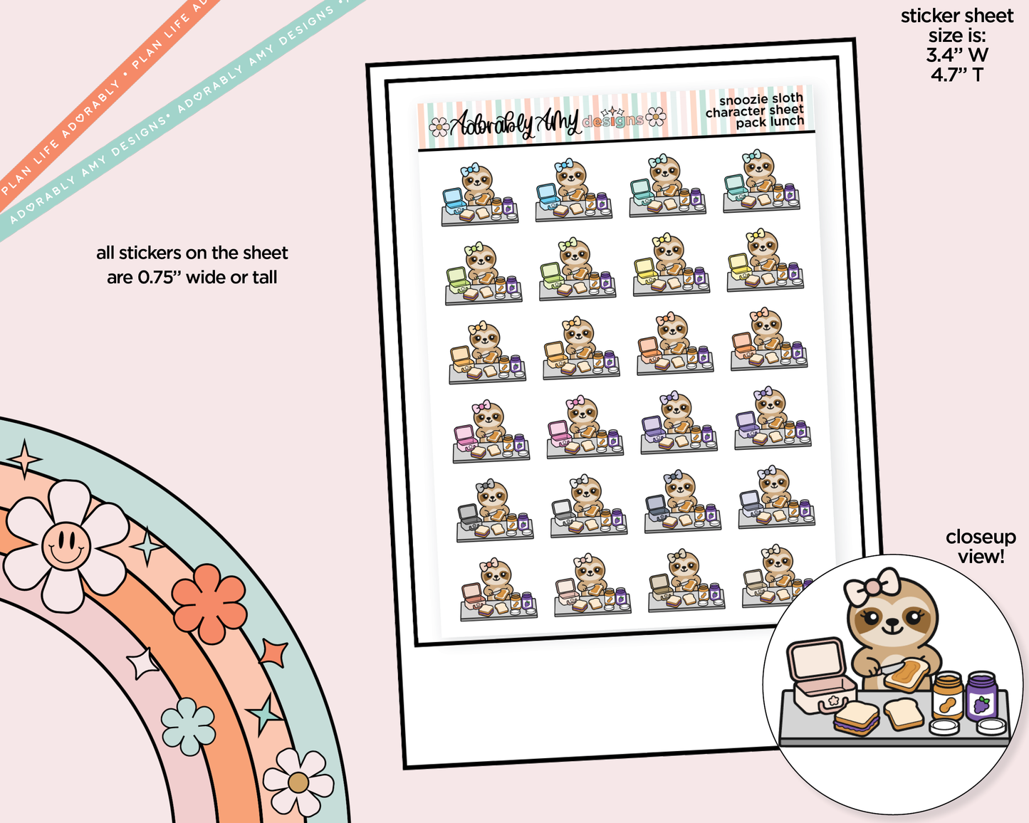 Snoozie Sloth Pack Lunchbox Decoration Character Planner Stickers