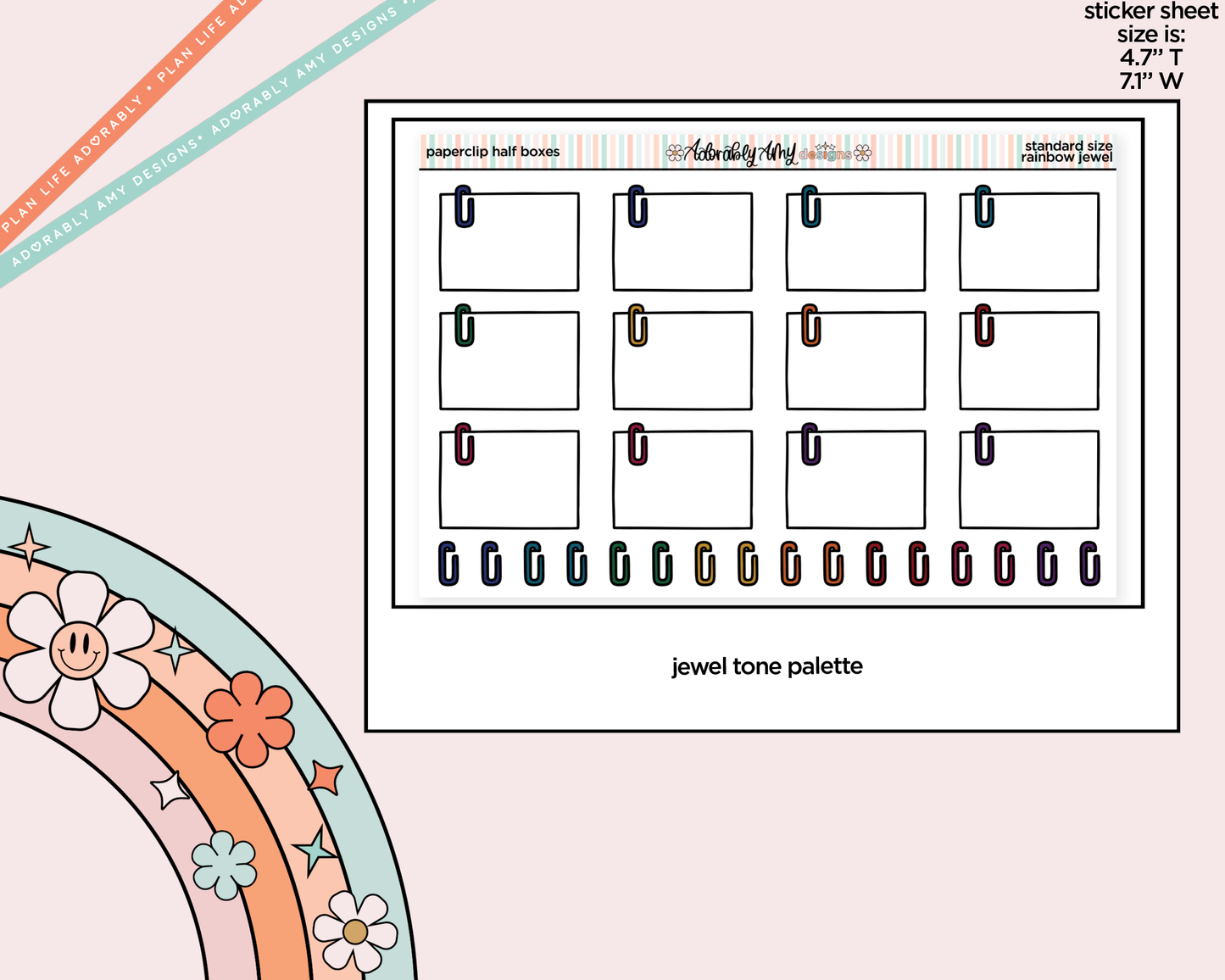 Rainbow Doodled Paperclip Half Boxes Standard Size Planner Stickers
