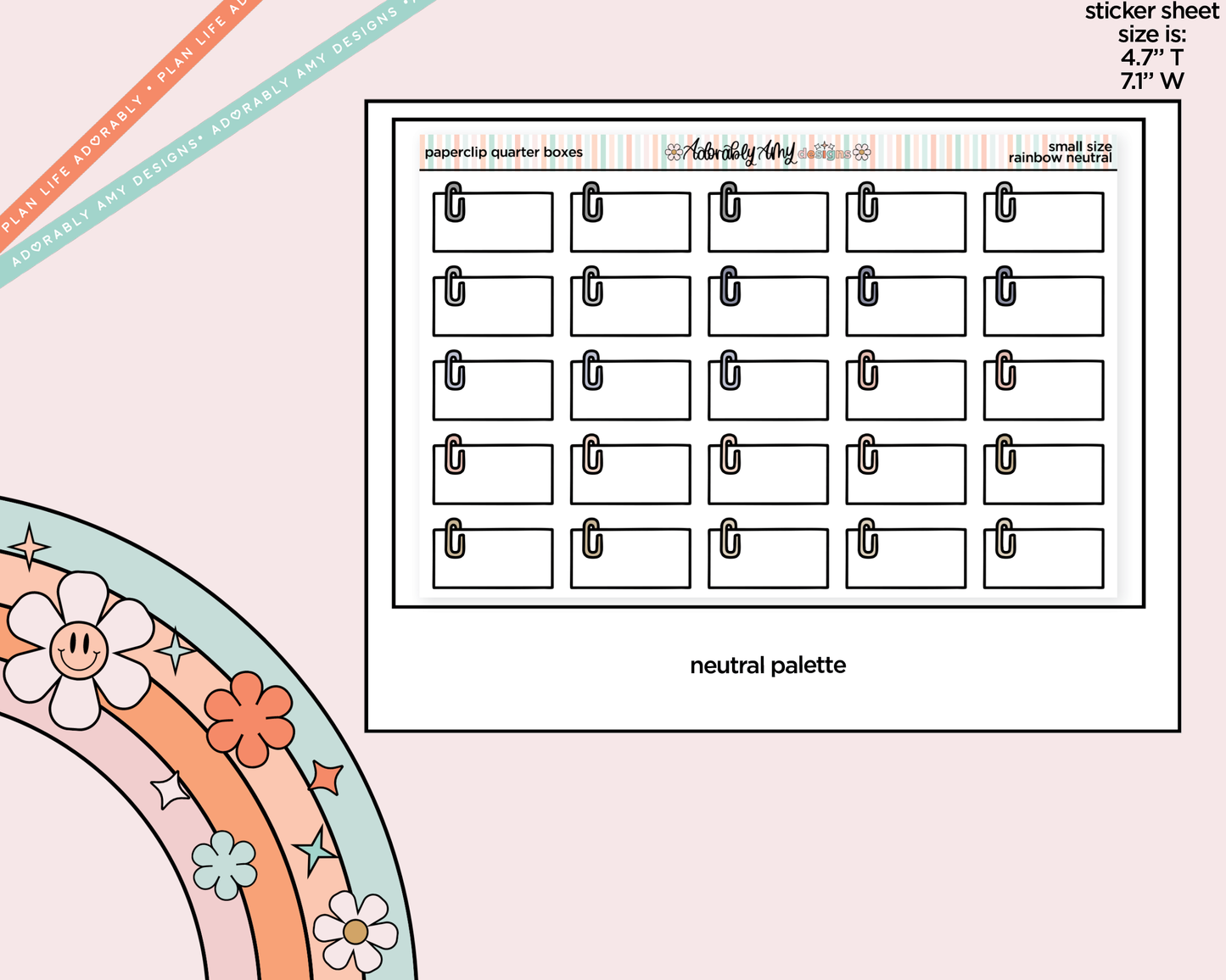 Rainbow Doodled Paperclip Quarter Boxes Small Size Planner Stickers
