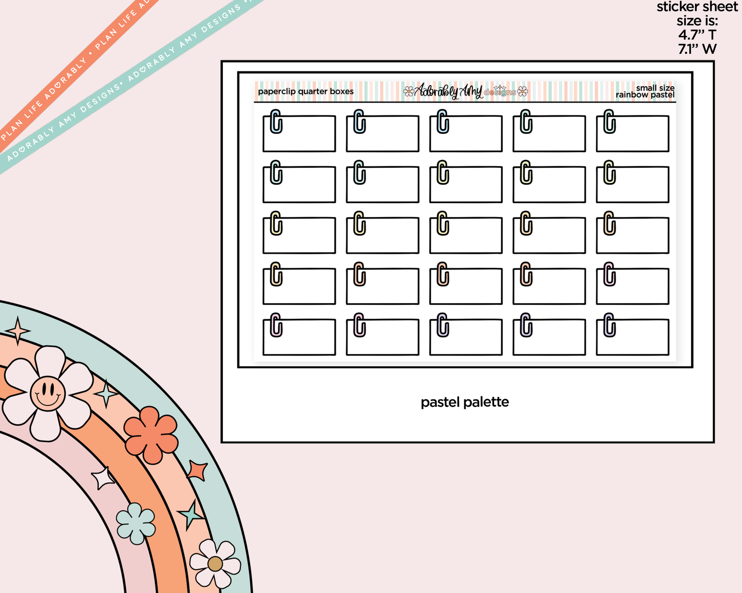Rainbow Doodled Paperclip Quarter Boxes Small Size Planner Stickers