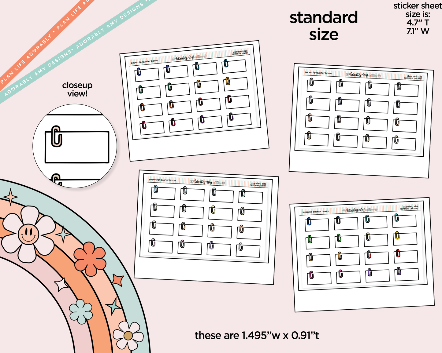 Rainbow Doodled Paperclip Quarter Boxes Standard Size Planner Stickers