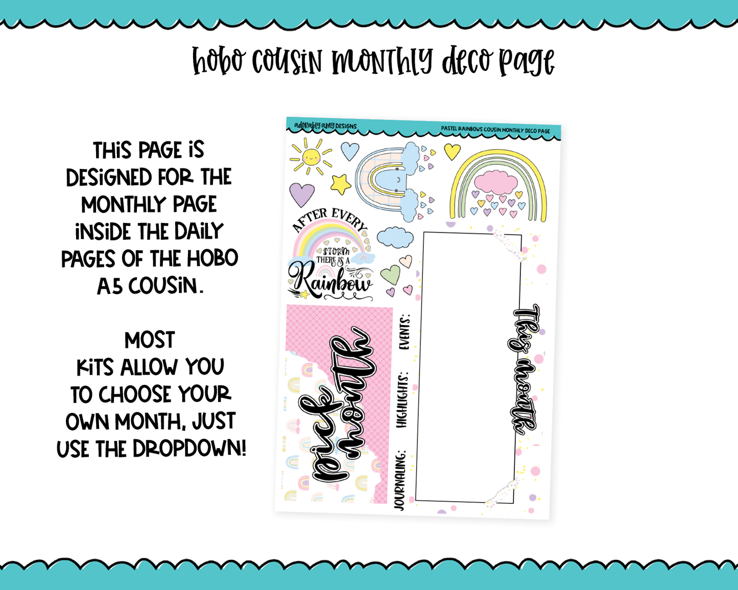 Hobonichi Cousin Monthly Pick Your Month Pastel Rainbows Planner Sticker Kit for Hobo Cousin or Similar Planners