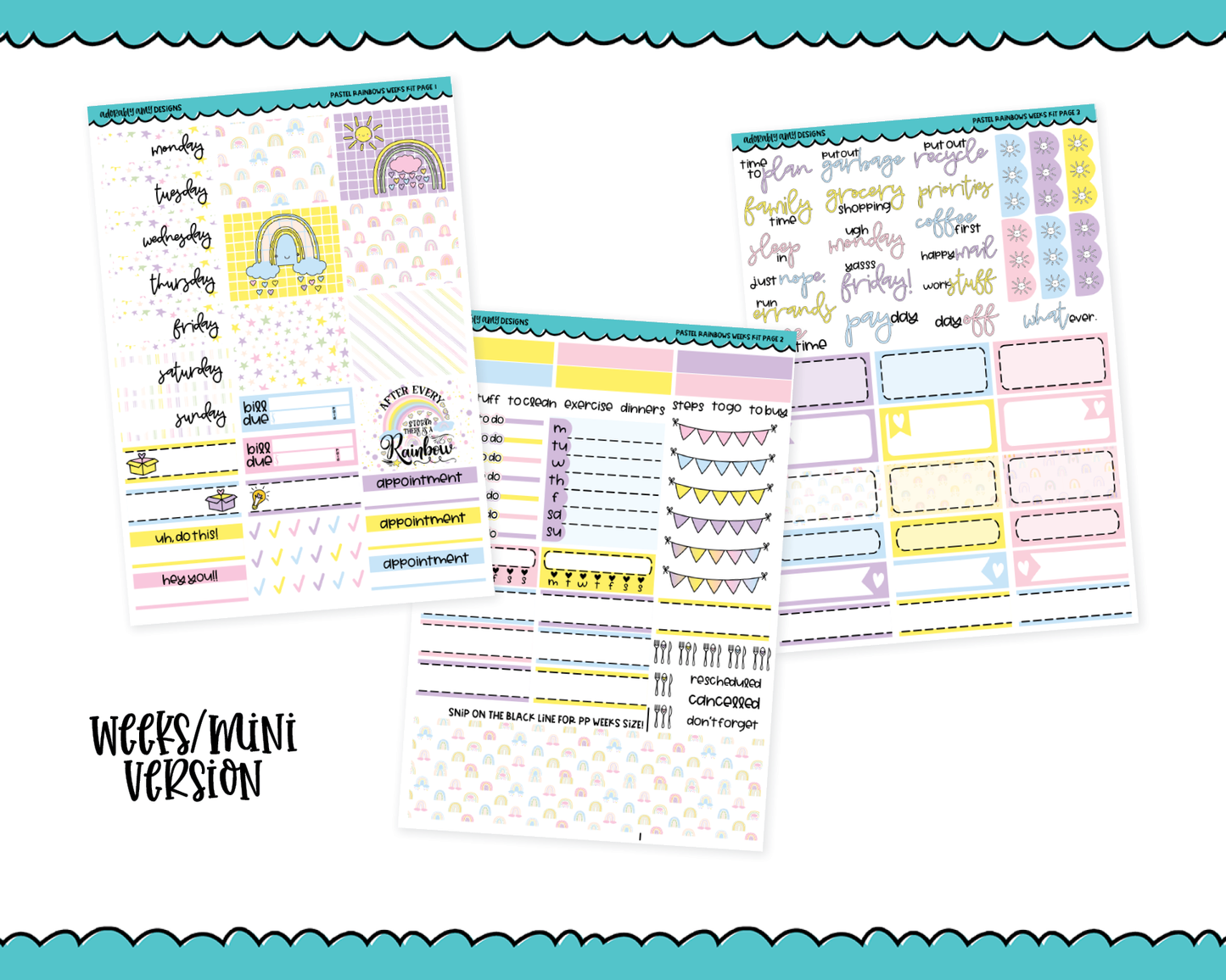 Mini B6 Pastel Rainbows Weekly Planner Sticker Kit sized for ANY Vertical Insert
