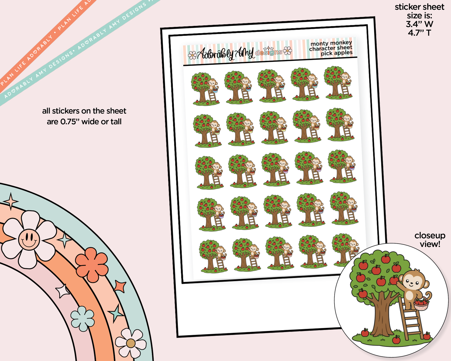 Monty the Monkey Apple Picking Decoration Character Planner Stickers