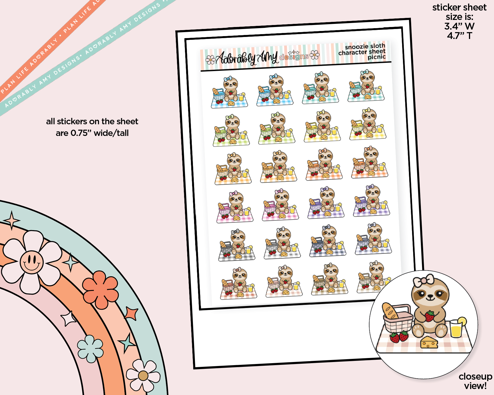 Snoozie Sloth Picnic - Go on a Picnic Decoration Character Planner Stickers - Adorably Amy Designs