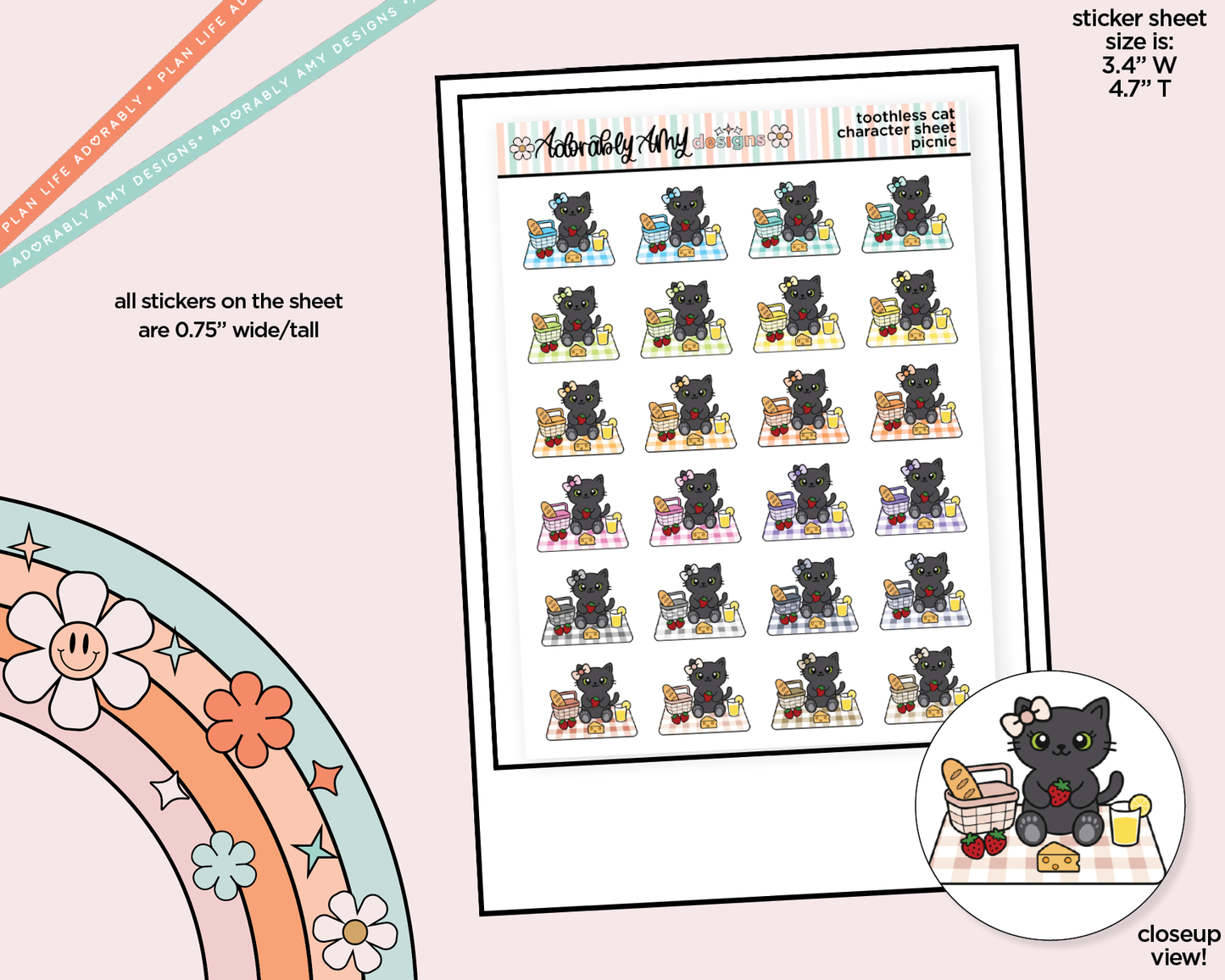 Toothless Cat Picnic - Go on a Picnic Decoration Character Planner Stickers - Adorably Amy Designs