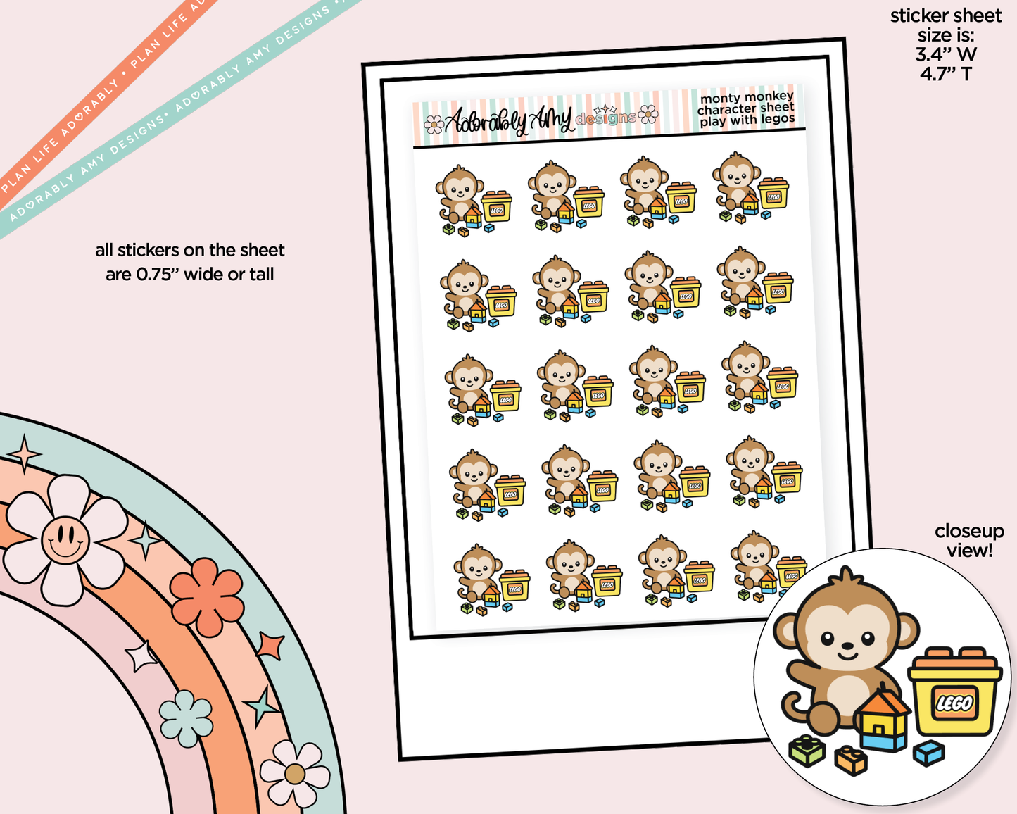Monty the Monkey Plays With Legos Decoration Character Planner Stickers